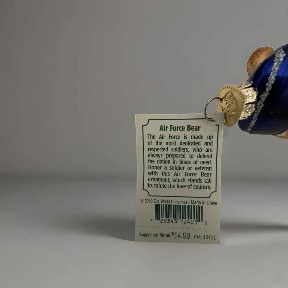Old World Christmas Air Force Bear Gold Veteran Saluting Glass Ornament 2001 NWT